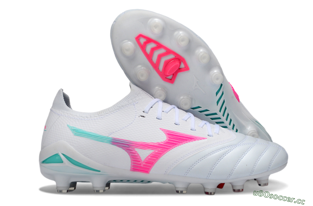 Men's Mizuno Morelia Neo 4 FG Firm Ground Low-Tops Football Boots - White/Neon Pink/Teal 2