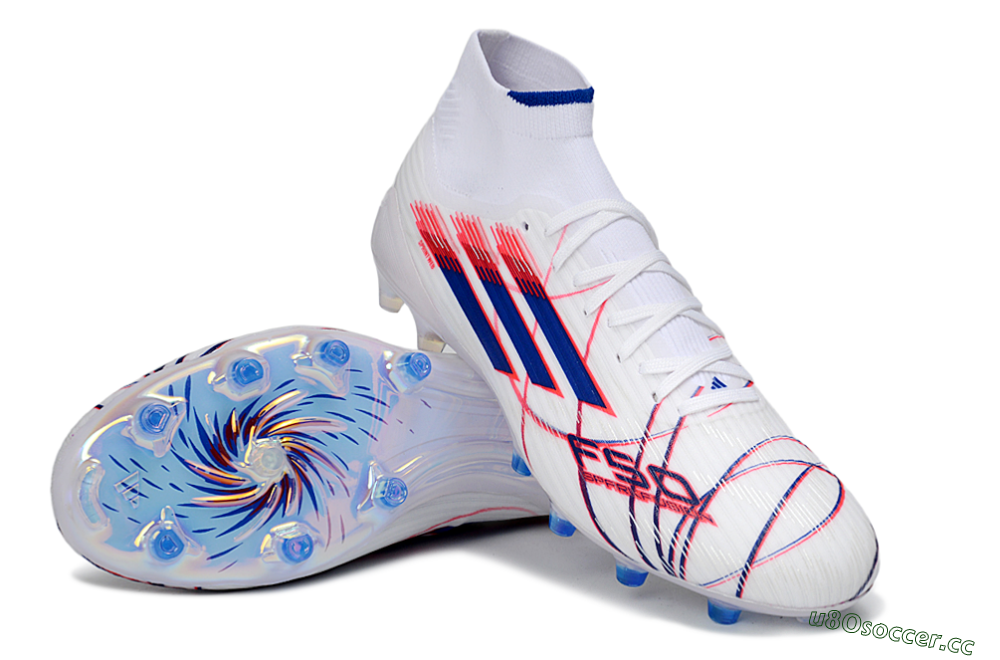 Men's Adidas F50 Elite Mid FG Firm Ground High-Tops Football Boots - White/Electric Red/Deep Blue 3