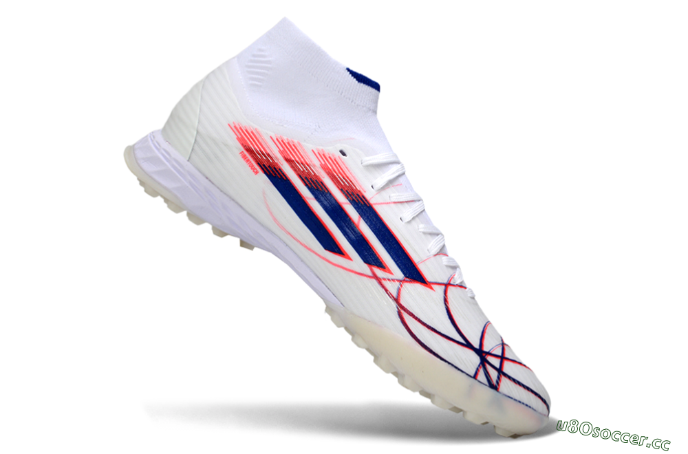 Men's Adidas F50 Elite Mid TF Artificial Turf High-Tops Football Shoes - White/Electric Red/Deep Blue 4