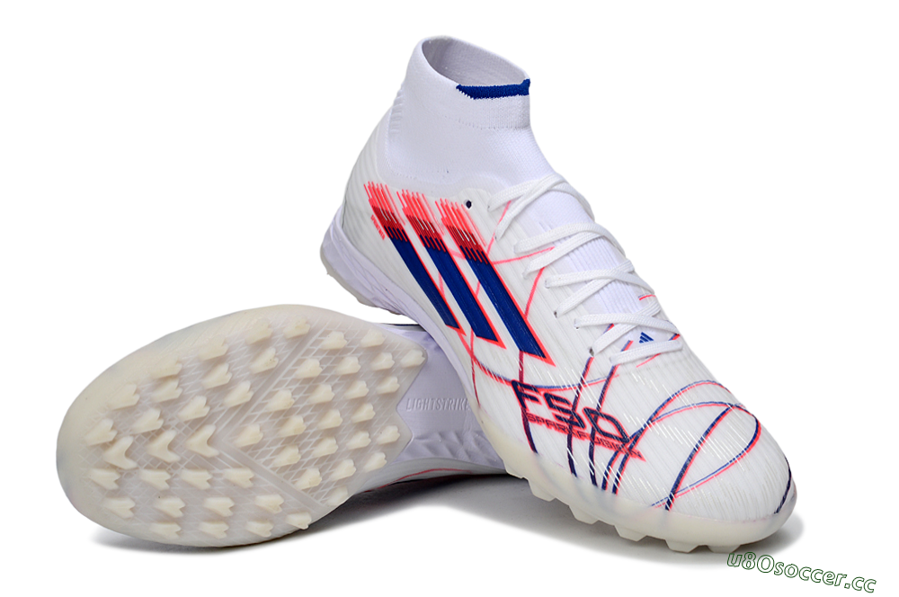 Men's Adidas F50 Elite Mid TF Artificial Turf High-Tops Football Shoes - White/Electric Red/Deep Blue 3