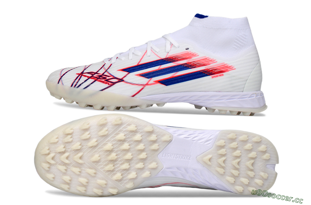 Men's Adidas F50 Elite Mid TF Artificial Turf High-Tops Football Shoes - White/Electric Red/Deep Blue 1