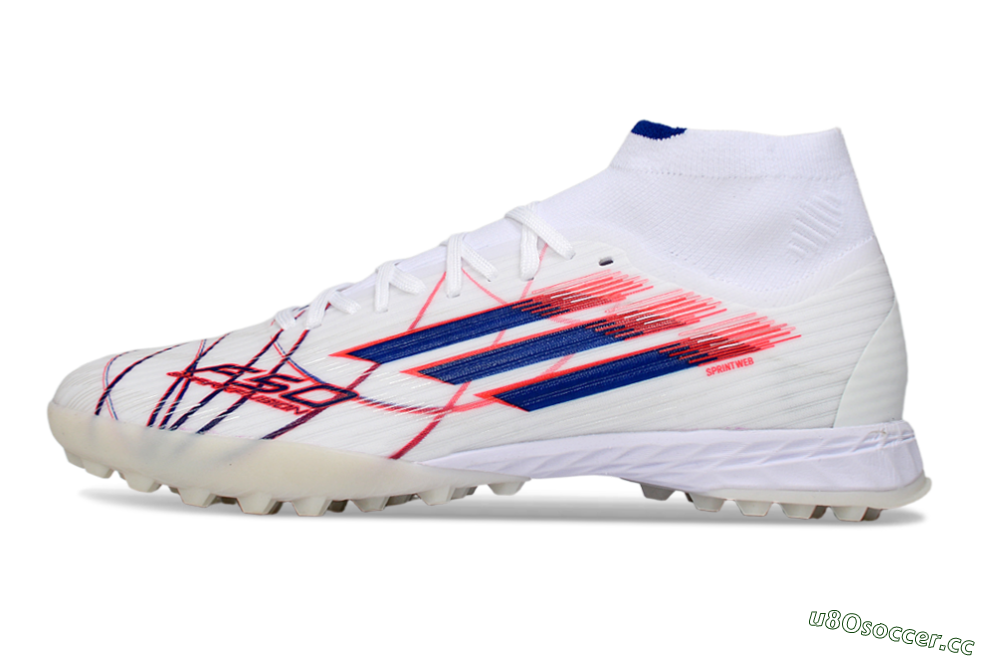Men's Adidas F50 Elite Mid TF Artificial Turf High-Tops Football Shoes - White/Electric Red/Deep Blue 0