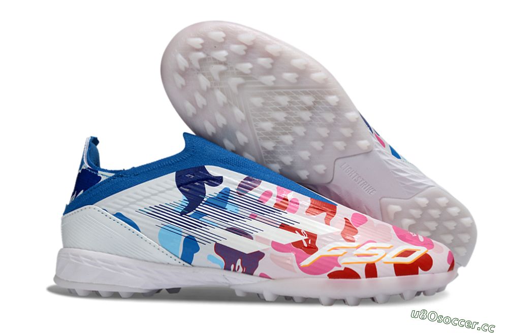 Unisex Adidas F50 Elite Laceless TF Artificial Turf Low-Tops Football Shoes - Pink/Ocean Blue/Coral Pink 2