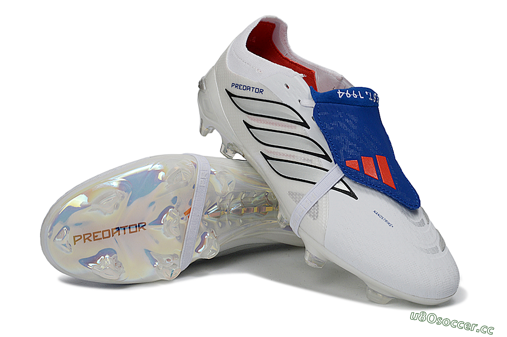 Unisex Adidas Predator 26 Elite Fold-Over Tongue FG Firm Ground Low-Tops Football Boots - White/Royal Blue/Metallic Silver 3