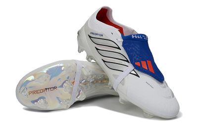 Unisex Adidas Predator 26 Elite Fold-Over Tongue FG Firm Ground Low-Tops Football Boots - White/Royal Blue/Metallic Silver
