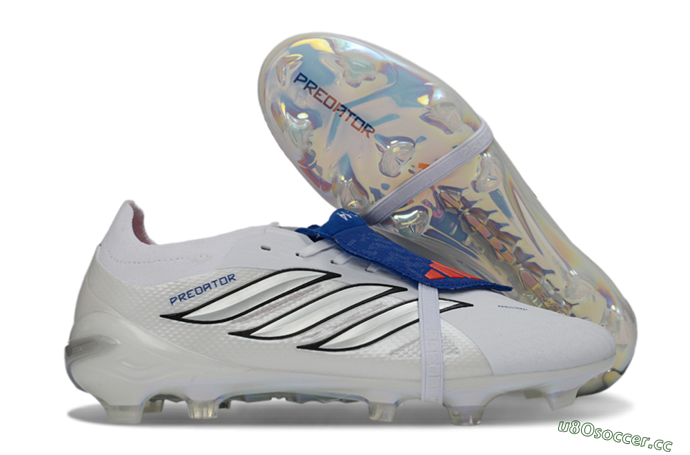 Unisex Adidas Predator 26 Elite Fold-Over Tongue FG Firm Ground Low-Tops Football Boots - White/Royal Blue/Metallic Silver 2