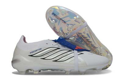 Unisex Adidas Predator 26 Elite Fold-Over Tongue FG Firm Ground Low-Tops Football Boots - White/Royal Blue/Metallic Silver