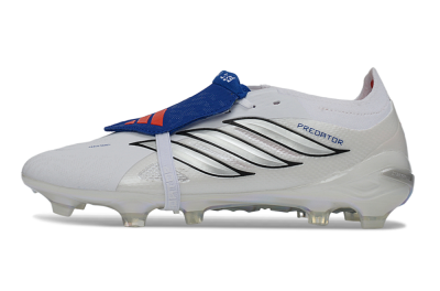 Unisex Adidas Predator 26 Elite Fold-Over Tongue FG Firm Ground Low-Tops Football Boots - White/Royal Blue/Metallic Silver