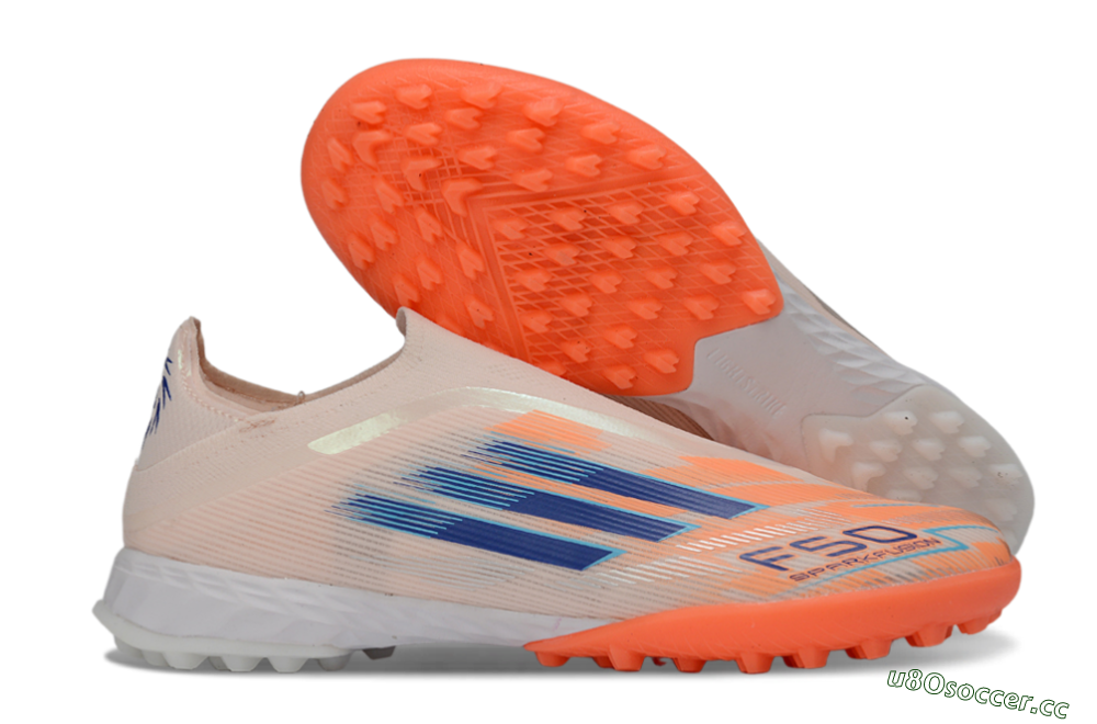 Men's Adidas F50 Pro Laceless TF Artificial Turf Low-Tops Football Shoes - Pink/Coral Splash/Deep Ocean 2