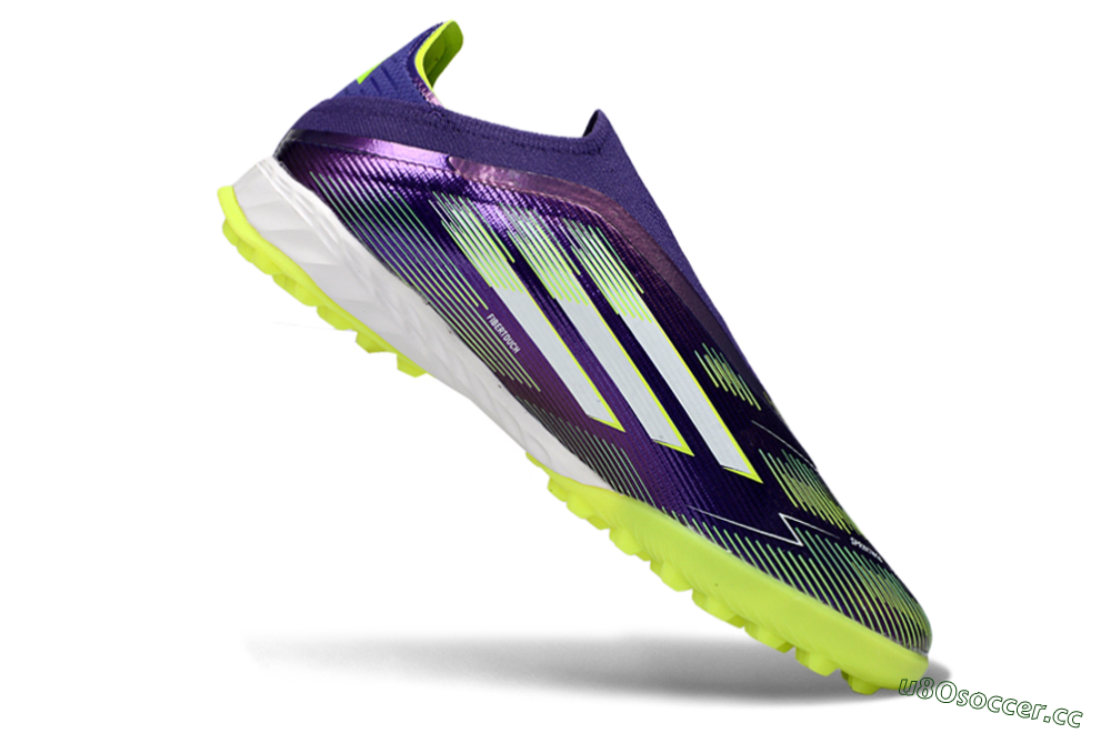Men's Adidas F50 Pro Laceless TF Artificial Turf Low-Tops Football Shoes - Purple/Lime Green/White 4
