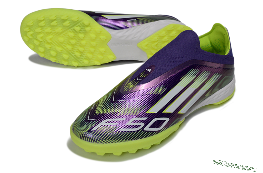 Men's Adidas F50 Pro Laceless TF Artificial Turf Low-Tops Football Shoes - Purple/Lime Green/White 3