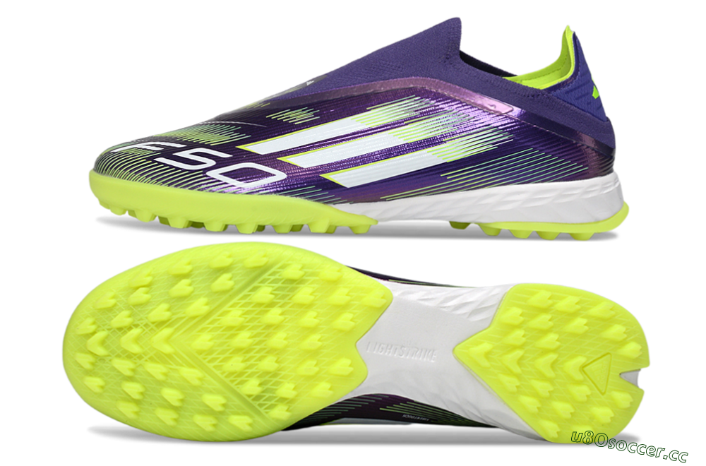 Men's Adidas F50 Pro Laceless TF Artificial Turf Low-Tops Football Shoes - Purple/Lime Green/White 1