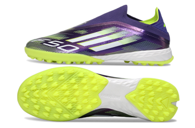 Men's Adidas F50 Pro Laceless TF Artificial Turf Low-Tops Football Shoes - Purple/Lime Green/White