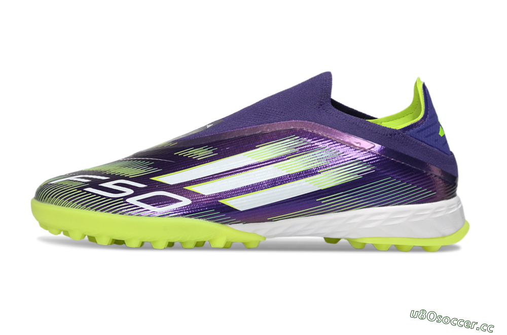 Men's Adidas F50 Pro Laceless TF Artificial Turf Low-Tops Football Shoes - Purple/Lime Green/White 0