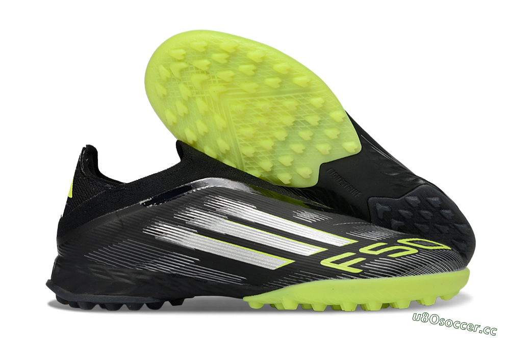 Men's Adidas F50 Pro Laceless TF Artificial Turf Low-Tops Football Shoes - Black/Electric Yellow/Neon Green 2