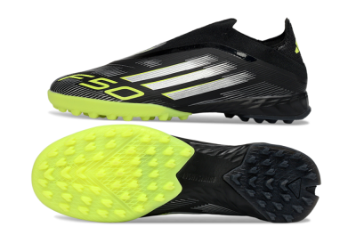 Men's Adidas F50 Pro Laceless TF Artificial Turf Low-Tops Football Shoes - Black/Electric Yellow/Neon Green