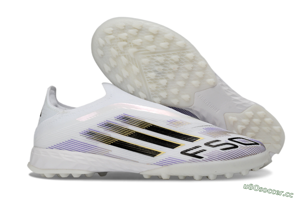 Men's Adidas F50 Pro Laceless TF Artificial Turf Low-Tops Football Shoes - White/Black/Gold 2