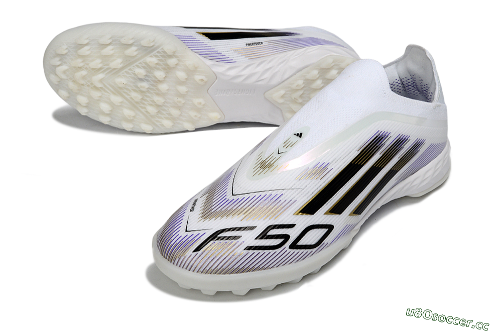Men's Adidas F50 Pro Laceless TF Artificial Turf Low-Tops Football Shoes - White/Black/Gold 3