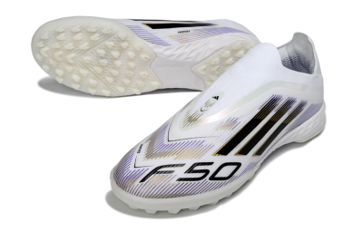 Men's Adidas F50 Pro Laceless TF Artificial Turf Low-Tops Football Shoes - White/Black/Gold