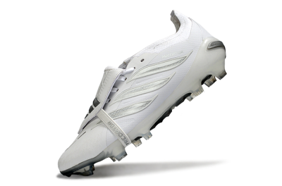Unisex Adidas Predator 26 Elite Fold-Over Tongue FG Firm Ground Low-Tops Football Boots - White/Silver Shadow/White Gloss