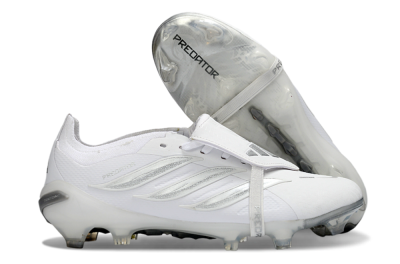Unisex Adidas Predator 26 Elite Fold-Over Tongue FG Firm Ground Low-Tops Football Boots - White/Silver Shadow/White Gloss