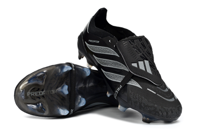 Unisex Adidas Predator 26 Elite Fold-Over Tongue FG Firm Ground Low-Tops Football Boots - Black/Graphite Gray/Metallic Silver