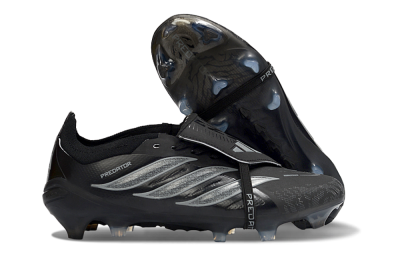 Unisex Adidas Predator 26 Elite Fold-Over Tongue FG Firm Ground Low-Tops Football Boots - Black/Graphite Gray/Metallic Silver