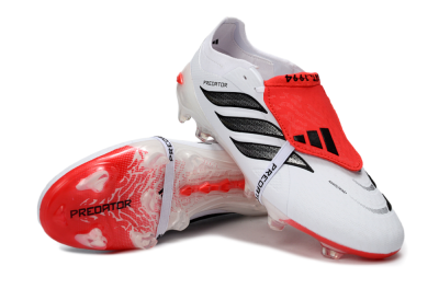 Unisex Adidas Predator 26 Elite Fold-Over Tongue FG Firm Ground Low-Tops Football Boots - White/Crimson Red/Sleek Black