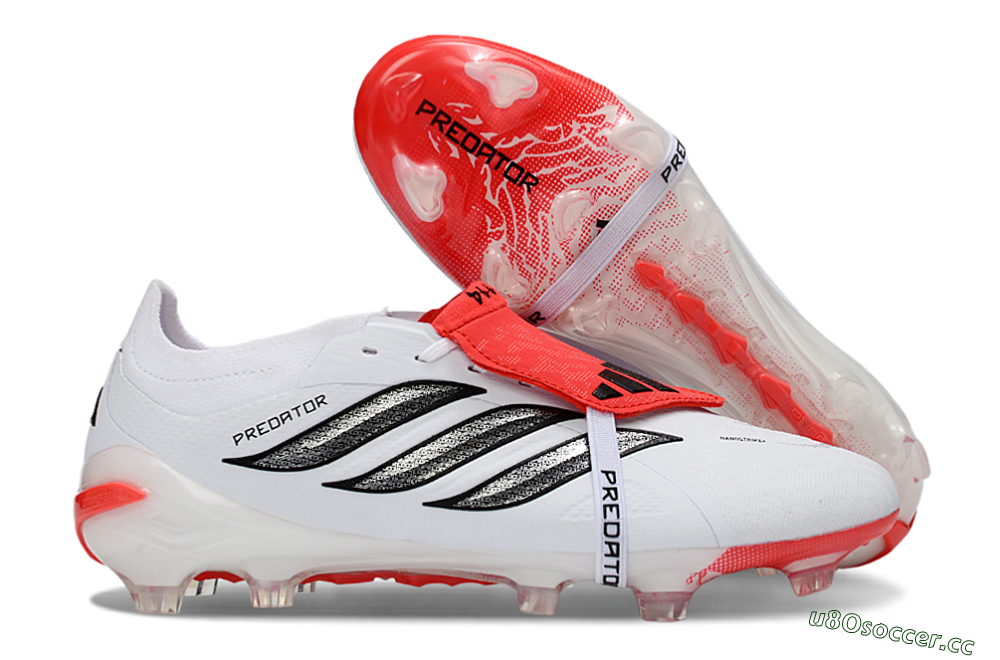 Unisex Adidas Predator 26 Elite Fold-Over Tongue FG Firm Ground Low-Tops Football Boots - White/Crimson Red/Sleek Black 2