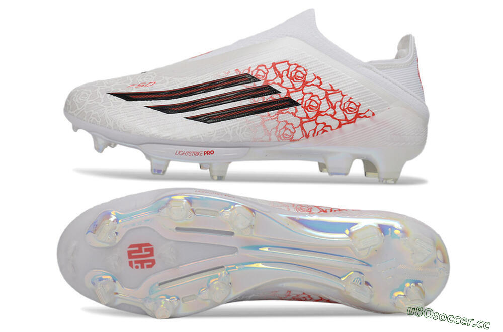 Unisex Adidas F50+ Elite Lightstrike Pro Laceless FG Firm Ground Low-Tops Football Boots - White/Crimson Red/Black 1