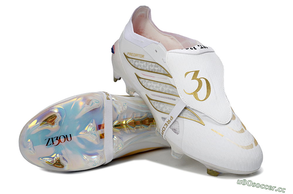 Men's Adidas Predator 26 Elite Fold-Over Tongue FG Firm Ground Low-Tops Football Boots - White/Gold/Iridescent 3