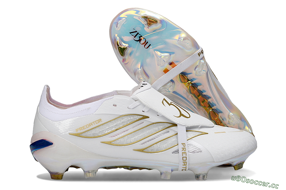 Men's Adidas Predator 26 Elite Fold-Over Tongue FG Firm Ground Low-Tops Football Boots - White/Gold/Iridescent 2
