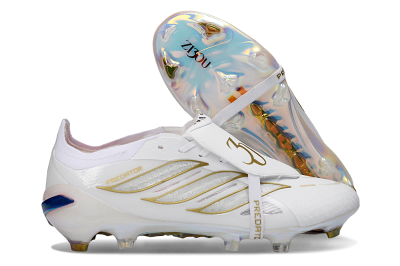 Men's Adidas Predator 26 Elite Fold-Over Tongue FG Firm Ground Low-Tops Football Boots - White/Gold/Iridescent