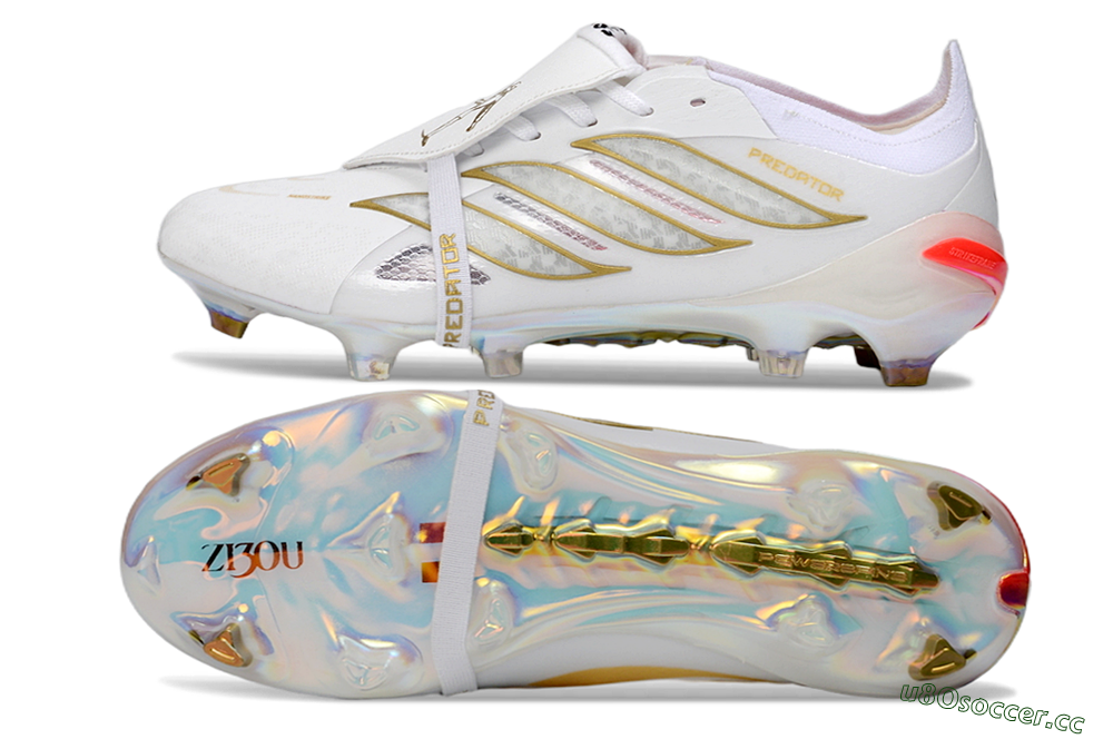 Men's Adidas Predator 26 Elite Fold-Over Tongue FG Firm Ground Low-Tops Football Boots - White/Gold/Iridescent 1