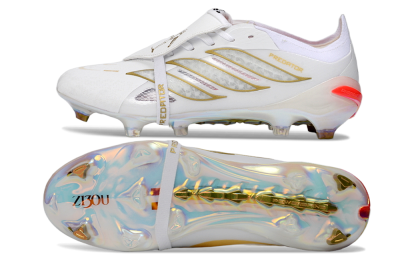 Men's Adidas Predator 26 Elite Fold-Over Tongue FG Firm Ground Low-Tops Football Boots - White/Gold/Iridescent