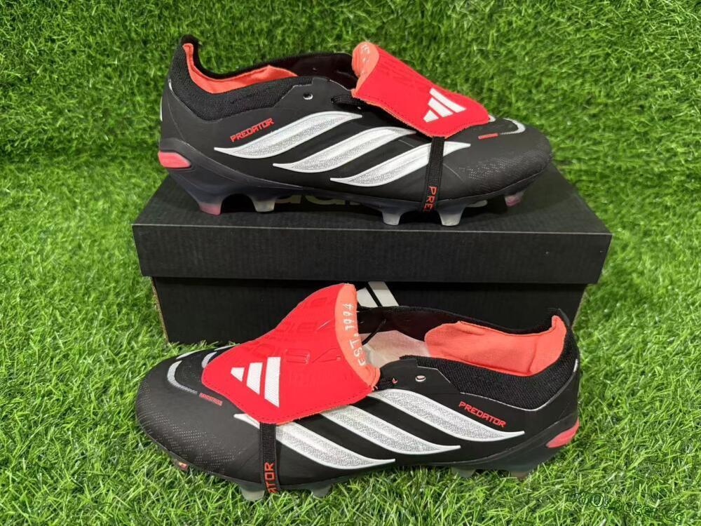 Unisex Adidas Predator 26 Elite Fold-Over Tongue FG Firm Ground Low-Tops Football Boots - Black/Electric Red/Silver