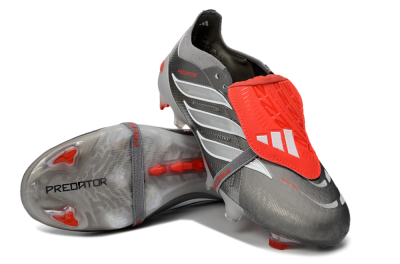 Unisex Adidas Predator 26 Elite Fold-Over Tongue FG Firm Ground Low-Tops Football Boots - Gray/Vibrant Red/Steel Gray