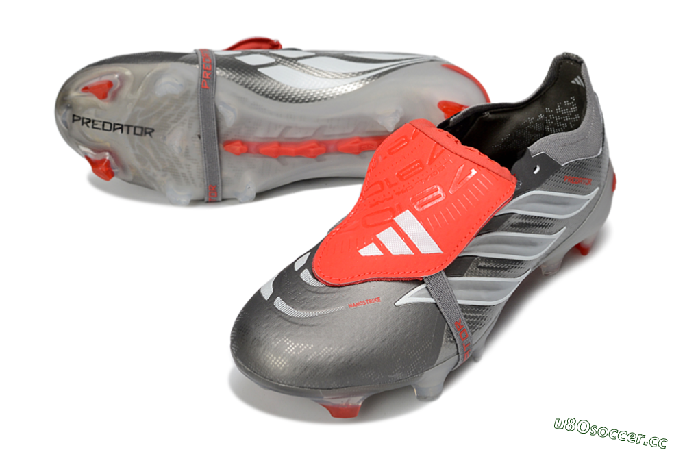 Unisex Adidas Predator 26 Elite Fold-Over Tongue FG Firm Ground Low-Tops Football Boots - Gray/Vibrant Red/Steel Gray 3