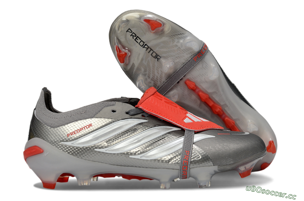 Unisex Adidas Predator 26 Elite Fold-Over Tongue FG Firm Ground Low-Tops Football Boots - Gray/Vibrant Red/Steel Gray 2