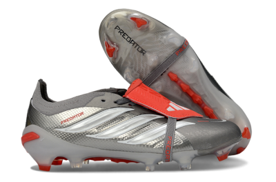Unisex Adidas Predator 26 Elite Fold-Over Tongue FG Firm Ground Low-Tops Football Boots - Gray/Vibrant Red/Steel Gray