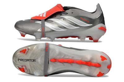 Unisex Adidas Predator 26 Elite Fold-Over Tongue FG Firm Ground Low-Tops Football Boots - Gray/Vibrant Red/Steel Gray