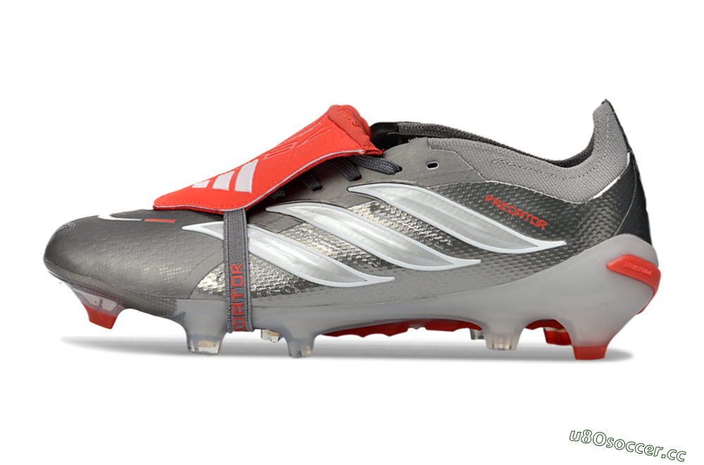Unisex Adidas Predator 26 Elite Fold-Over Tongue FG Firm Ground Low-Tops Football Boots - Gray/Vibrant Red/Steel Gray 0