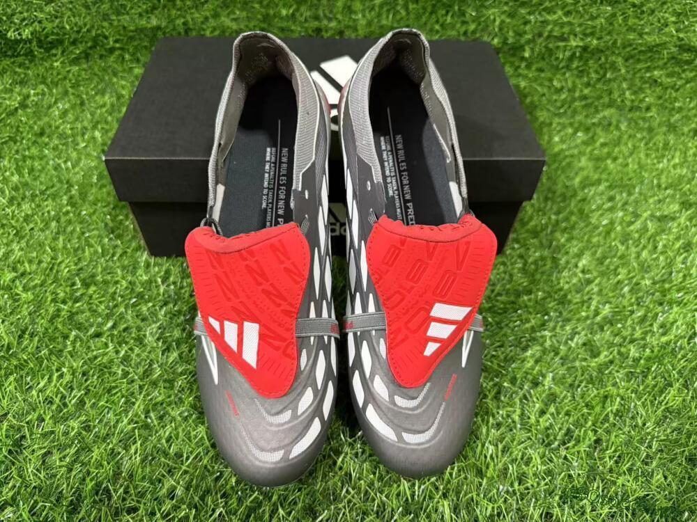 Unisex Adidas Predator 26 Elite Fold-Over Tongue FG Firm Ground Low-Tops Football Boots - Gray/Vibrant Red/Steel Gray