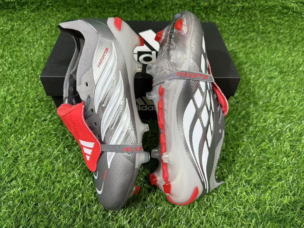 Unisex Adidas Predator 26 Elite Fold-Over Tongue FG Firm Ground Low-Tops Football Boots - Gray/Vibrant Red/Steel Gray