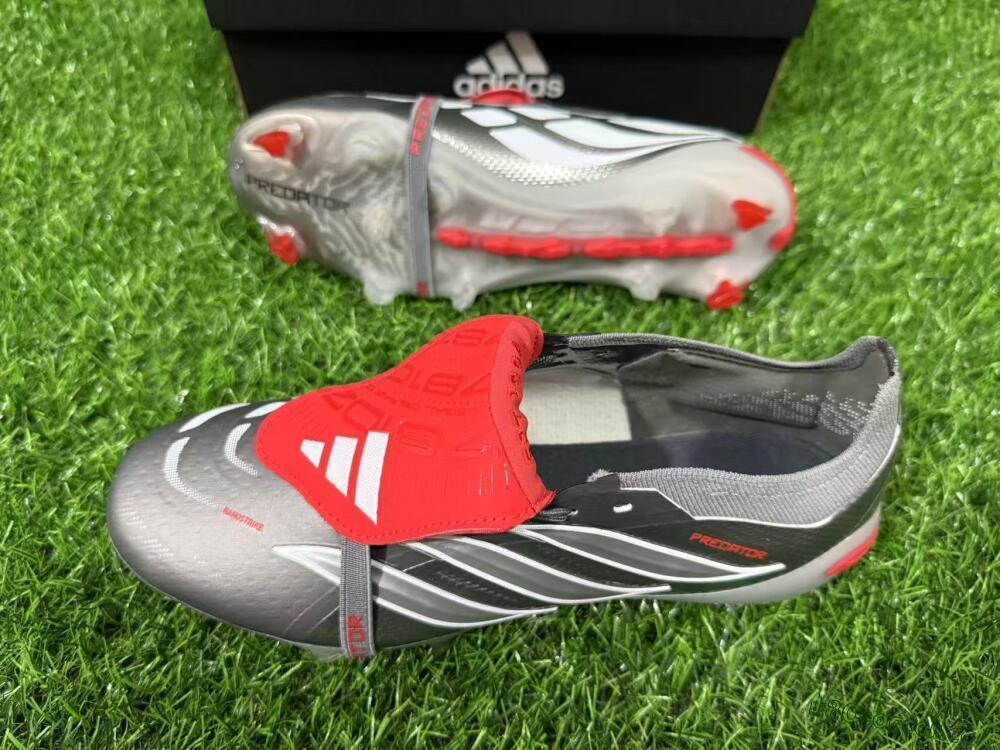 Unisex Adidas Predator 26 Elite Fold-Over Tongue FG Firm Ground Low-Tops Football Boots - Gray/Vibrant Red/Steel Gray