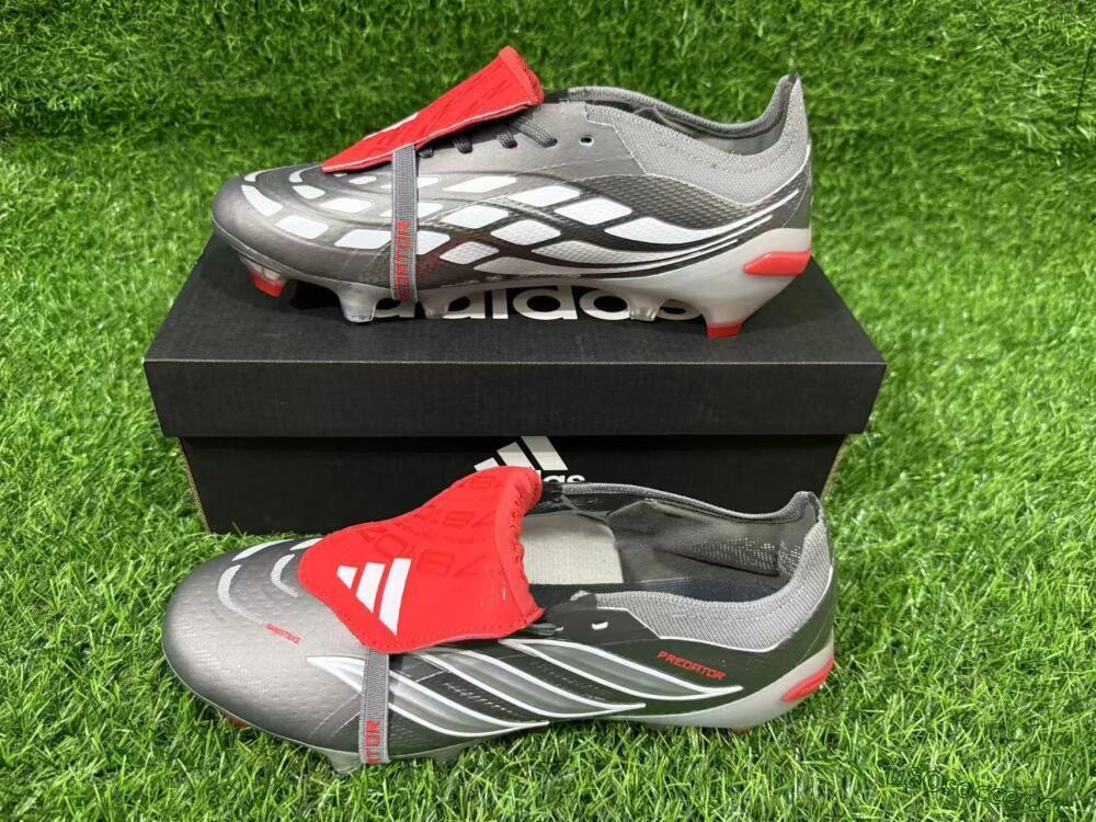 Unisex Adidas Predator 26 Elite Fold-Over Tongue FG Firm Ground Low-Tops Football Boots - Gray/Vibrant Red/Steel Gray