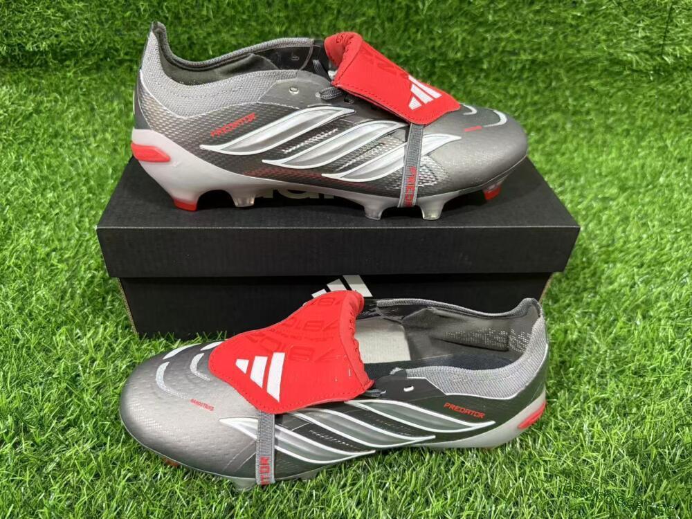 Unisex Adidas Predator 26 Elite Fold-Over Tongue FG Firm Ground Low-Tops Football Boots - Gray/Vibrant Red/Steel Gray