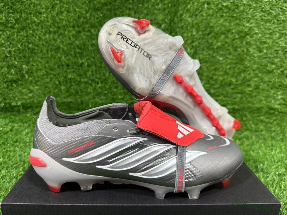 Unisex Adidas Predator 26 Elite Fold-Over Tongue FG Firm Ground Low-Tops Football Boots - Gray/Vibrant Red/Steel Gray