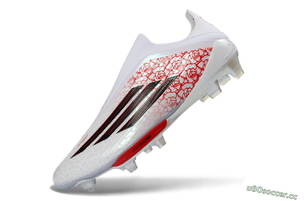 Men's Adidas F50+ Elite Lightstrike Pro Laceless FG Firm Ground Low-Tops Football Boots - White/Rose Red/Black 5