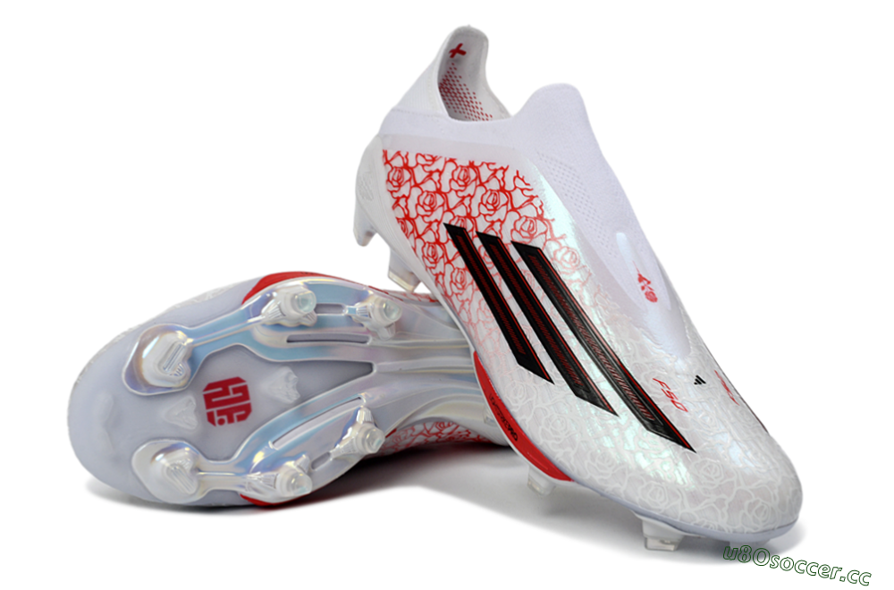 Men's Adidas F50+ Elite Lightstrike Pro Laceless FG Firm Ground Low-Tops Football Boots - White/Rose Red/Black 3